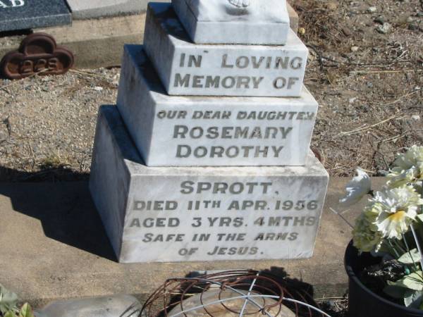Rosemary Dorothy SPROTT,  | daughter,  | died 11 Apr 1956 aged 3 years 4 months;  | Jondaryan cemetery, Jondaryan Shire  | 