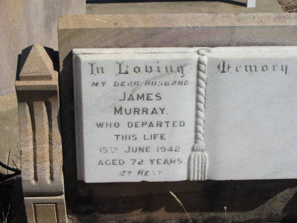 Agnes Houston MURRAY,  | died 8 April 1926 aged 54 years,  | erected by husband;  | James MURRAY,  | husband,  | died 15 June 1942 aged 72 years;  | Agnes MURRAY,  | died 26 June 1921 aged 70 years;  | Jondaryan cemetery, Jondaryan Shire  | 