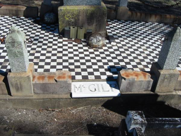 Neil MCGILP,  | died 21 Oct 1915 aged 76 years;  | Mary,  | wife,  | died 29 Sep 1921 aged 59 years;  | Alexander,  | brother,  | died 6 July 1895 aged 14 years;  | Niel Alexander,  | died 6 Jan 1898 aged 10 months;  | Jondaryan cemetery, Jondaryan Shire  | 