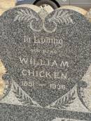 parents;
William CHICKEN,
1851 - 1936;
Elizabeth CHICKEN,
1952 - 1935;
George Bryant;
Baby CHICKEN;
Jondaryan cemetery, Jondaryan Shire