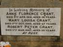 Annie Florence GRANT,
died 5 Apr 1912 aged 36 years;
Mary Louisa GRANT,
died 17 Oct 1945 aged 67 years;
Robert Peter GRANT,
died 11 Mar 1947 aged 39 years;
John Charles GRANT,
died 13 April 1964 aged 90 years;
Jondaryan cemetery, Jondaryan Shire