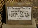 John L.G. BYER,
brother,
died 9 April 1892 aged 4 months;
Jondaryan cemetery, Jondaryan Shire