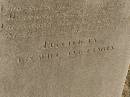Thomas ANDREWS,
husband of Annie ANDREWS,
died 17 Oct 1885 aged 67 years;
Agnes Margaret,
daughter,
died 26? March 1890 aged 22 years;
Jondaryan cemetery, Jondaryan Shire