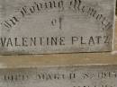 Martha Mary,
daughter of Valentine & Mary PLATZ,
died 10? March? 1911 aged 25 years 6 months;
children;
Frederick,
died 15 Aug 1892;
Albert,
died 29 March 1896;
Annie Margaret,
died 3 April 1887;
Valentine PLATZ,
died 8 March 1917 aged 68 years,
erected by wife & children;
Maria PLATZ,
died 1 July 1933 aged 78 years;
Joseph Peter PLATZ,
son of Valentine & Mary PLATZ,
died 4 Dec 1921 aged 31 years,
erected by mother, sisters & brothers;
Mary PLATZ,
mother,
died 1 July 1933? aged 78 years;
Jondaryan cemetery, Jondaryan Shire