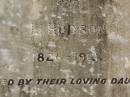 parents;
W. HODSON,
1819 - 1907;
L. HODSON,
1826 - 1913,
erected by daughter S. COCKBURN;
Jondaryan cemetery, Jondaryan Shire