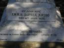 Emma Sophia KRIEG,
wife,
died 10 April 1922 aged 35 years;
Jondaryan cemetery, Jondaryan Shire