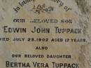 Edwin John TUPPACK,
son,
died 23 July 1902 aged 17 years;
Bertha Vera TUPPACK,
daughter,
died 1 Jan 1903 aged 21 years;
Jondaryan cemetery, Jondaryan Shire