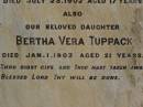 Edwin John TUPPACK,
son,
died 23 July 1902 aged 17 years;
Bertha Vera TUPPACK,
daughter,
died 1 Jan 1903 aged 21 years;
Jondaryan cemetery, Jondaryan Shire