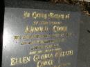 Arnold COOKE,
husband,
died 28 April 1980 aged 67 years,
remembered by wife Nell;
Ellen Gloria (Nellie) COOKE,
wife,
died 26 Sept 1987 aged 61 years;
Jondaryan cemetery, Jondaryan Shire