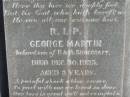 George SHOECRAFT,
died West Prairie 16 June 1902 aged 63 years;
George Martin,
son of P. & M. SHOECRAFT,
died 30 Dec 1925 aged 3 years;
Jondaryan cemetery, Jondaryan Shire