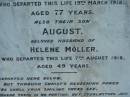 
Henry
(husband of) Wilhelmine MOLLER
19 Mar 1918, aged 77
(son) August (husband of) Helene MOLLER
7 Aug 1918, aged 49
Engelsburg Baptist Cemetery, Kalbar, Boonah Shire
