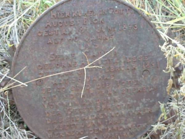 August BICK  | d: 18 Jun 1893 aged 60  | (wife)  | b: Augusta Jesse (BICK)  | b: 21 Feb 1891 aged 56  | Engelsburg Baptist Cemetery, Kalbar, Boonah Shire  | 