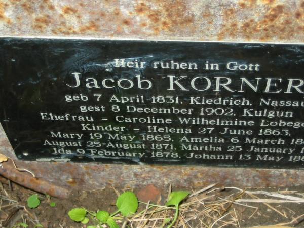 Jacob KORNER  | geb 7 April 1831, Kiedrich Nassau  | gest 8 December 1902, Kulgun  | Ehefrau - Caroline Wilhelmine LOBEGEIGER  | kinder -  | Helena   27 June 1863,  | Mary     19 May 1865,  | Amelia    6 March 1869,  | August   25 August 1871,  | Martha   25 January 1876  | Ida       9 February 1878  | Johann   13 May 1884  | Engelsburg Baptist Cemetery, Kalbar, Boonah Shire  | 