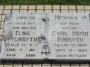 
Elsie FORSYTH,
wife mother,
died 5 April 1973 aged 75 years;
Cyril Keith FORSYTH,
father,
died 15 Sept 1984 aged 86 years;
Kalbar General Cemetery, Boonah Shire
