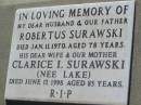 
Robertus SURAWSKI, husband father,
died 11 Jan 1970 aged 78 years;
Clarice I. SURAWSKI (nee LAKE),
died 17 June 1998 aged 85 years;
Kalbar General Cemetery, Boonah Shire
