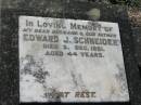 
Edward J. SCHNEIDER (Ted), husband father,
died 3 Dec 1951 aged 44 years;
Esther Kaden (SCHNEIDER) nee MULLER,
20-6-1911 - 22-2-1991;
Dorothy Annie CLARK, daughter wife mother,
7-11-29 - 5-5-93;
Kalbar General Cemetery, Boonah Shire
