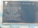 
Graham Lindsay OKE,
born 04-11-1936 died 28-09-2004 aged 67,
husband father;
Kalbar General Cemetery, Boonah Shire
