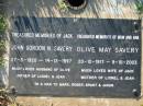 
John Gordon N. SAVERY (Jack),
27-5-1920 - 14-12-1997,
husband of Olive, father of Lionel & Jean;
Olive May SAVERY,
20-12-1917 - 9-10-2003,
wife of Jack, mother of Lionel & Jean;
pa & nan to Mark, Roger, Grant & Jason;
Kalbar General Cemetery, Boonah Shire

