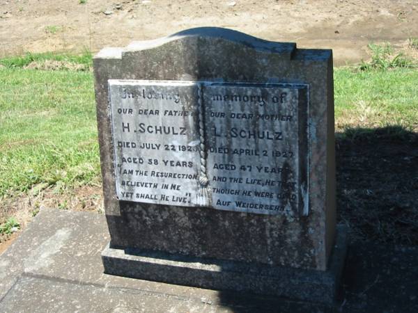 H. SCHULZ, father,  | died 22 July 1926 aged 58 years;  | L. SCHULZ, mother,  | died 2 April 1927 aged 47 years;  | Kalbar General Cemetery, Boonah Shire  | 