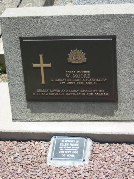 W. MOORE,  | died 1 June 1958 aged 61;  | loved by wife & children Dawn, John and Graham;  | Ellen MOORE, mother grandmother,  | 23 Sept 1960 aged 56 years;  | Kalbar General Cemetery, Boonah Shire  | 