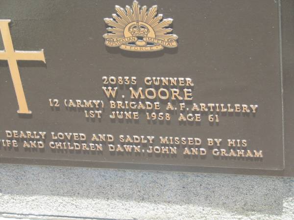 W. MOORE,  | died 1 June 1958 aged 61;  | loved by wife & children Dawn, John and Graham;  | Ellen MOORE, mother grandmother,  | 23 Sept 1960 aged 56 years;  | Kalbar General Cemetery, Boonah Shire  | 