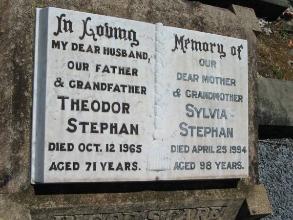 Theodor STEPHAN, husband father grandfather,  | died 12 Oct 1965 aged 71 years;  | Sylvia STEPHAN, mother grandmother,  | died 25 April 1994 aged 98 years;  | Kalbar General Cemetery, Boonah Shire  | 