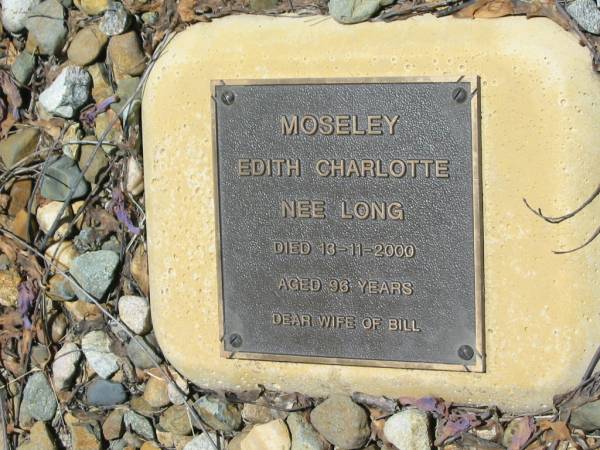 MOSELEY DYKES;  | MOSELEY, Edith Charlotte (nee LONG),  | died 13-11-2000 aged 96 years,  | wife of Bill;  | MOSELEY, William Edward (Bill),  | died 26-5-2002 aged 99 years;  | DYKES, Benjamin David Alison,  | son of Barbara and John,  | died Kenya 17-4-1966 aged 13 months;  | Kalbar General Cemetery, Boonah Shire  | 