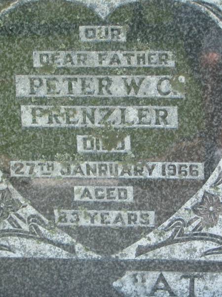 Peter W.C. PRENZLER, father,  | died 27 January 1966 aged 83 years;  | Alice B. PRENZLER, wife mother,  | died 5 August 1948 aged 61 years;  | Kalbar General Cemetery, Boonah Shire  | 