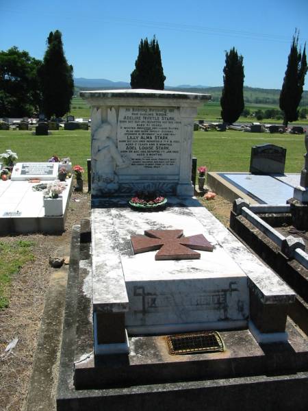  Addie  Adeline Myrtle STARK,  | born 30 Sept 1911,  | died 14 Dec 1952 aged 41 years,  | daughter sister;  | Lilly Alma STARK, infant sister,  | born 31 Aug 1900,  | died 2 Feb 1903 aged 2 years 5 months,  | interred Methodist Old Cemetery;  | Adel Louise STARK, infant sister,  | born 2 Aug 1902,  | died 7 Jan 1903 aged 5 months,  | interred Methodist Old Cemetery;  | Kalbar General Cemetery, Boonah Shire  |   | 