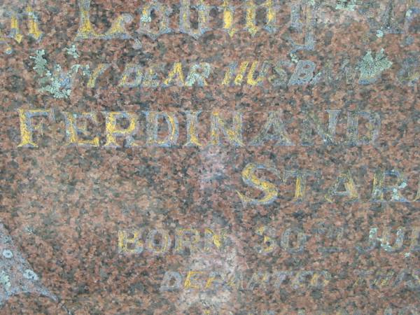 Emma Louise Fredericke STARK,  | born 16 Oct 1875,  | died 21 May 1957 aged 81 years;  | Ferdinand Albert STARK, husband father,  | born 30 July 1871,  | died 18 Jan 1951 aged 79 years 6 months;  | Kalbar General Cemetery, Boonah Shire  | 