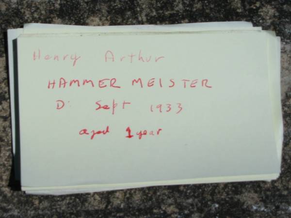 Henry Arthur HAMMERMEISTER, son brother,  | died Sept 1933 aged 1 year;  | Kalbar General Cemetery, Boonah Shire  | 