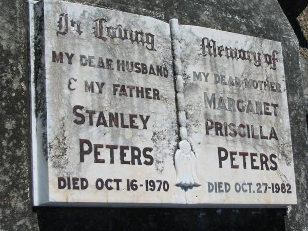 Stanley PETERS, husband father,  | died 16 Oct 1970;  | Margaret Priscilla PETERS, mother,  | died 27 Oct 1982;  | Kalbar General Cemetery, Boonah Shire  | 
