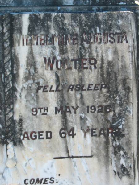 Carl Friedrich WOLTER,  | died 12 Feb 1924 aged 65 years;  | Wilhelmine Augusta WOLTER,  | died 8 May 1926 aged 64 years;  | Kalbar General Cemetery, Boonah Shire  | 