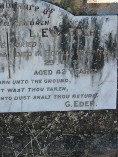 children of G. EDER;  | F. Gustav EDER,  | died Toowoomba Hospital 7-4-37 aged 52 years;  | L. Eva EDER,  | died Boonah Hospital 29-4-37 aged 42 years;  | Kalbar General Cemetery, Boonah Shire  | 