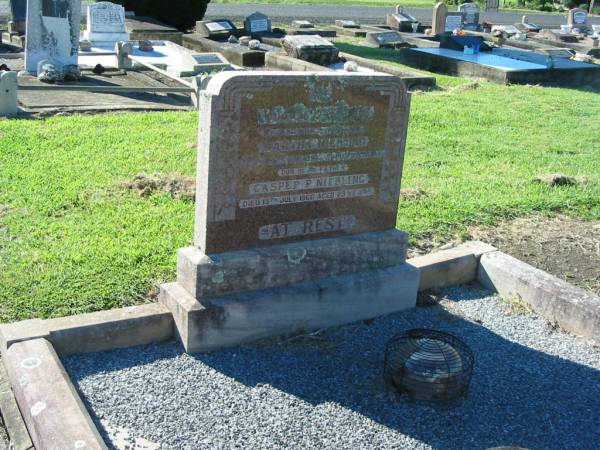 Martha NIEBLING, wife mother,  | died 13 Jan 1952 aged 79 years;  | Casper P. NIEBLING, father,  | died 13 July 1966 aged 89 years;  | Kalbar General Cemetery, Boonah Shire  | 