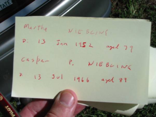 Martha NIEBLING, wife mother,  | died 13 Jan 1952 aged 79 years;  | Casper P. NIEBLING, father,  | died 13 July 1966 aged 89 years;  | Kalbar General Cemetery, Boonah Shire  | 