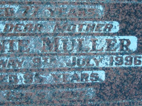 Arnold MULLER, husband father,  | died 22 May 1980 aged 77 years;  | Minnie MULLER, mother,  | died 9 July 1996 aged 95 years;  | Kalbar General Cemetery, Boonah Shire  | 