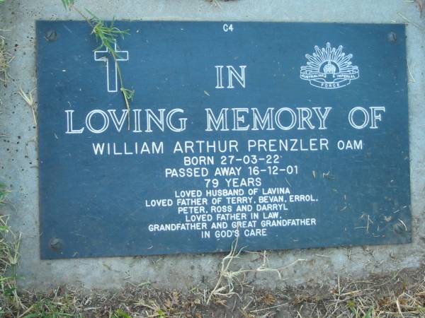 William Arthur PRENZLER,  | born 27-03-22 died 16-12-01 aged 79 years,  | husband of Lavina,  | father of Terry, Bevan, Errol, Peter, Ross & Darryl,  | father-in-law grandfather great-grandfather;  | Kalbar General Cemetery, Boonah Shire  | 