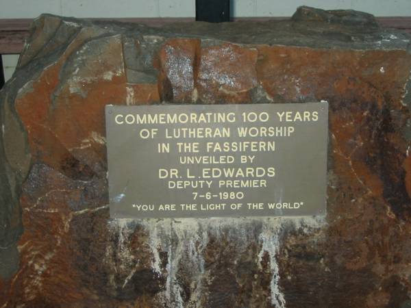 Commemorating 100 years of Lutheran worship in the Fassifern  | unveiled by Dr L Edwards, deputy premier, 7-6-1980  | St John's Lutheran Church Cemetery, Kalbar, Boonah Shire  | 