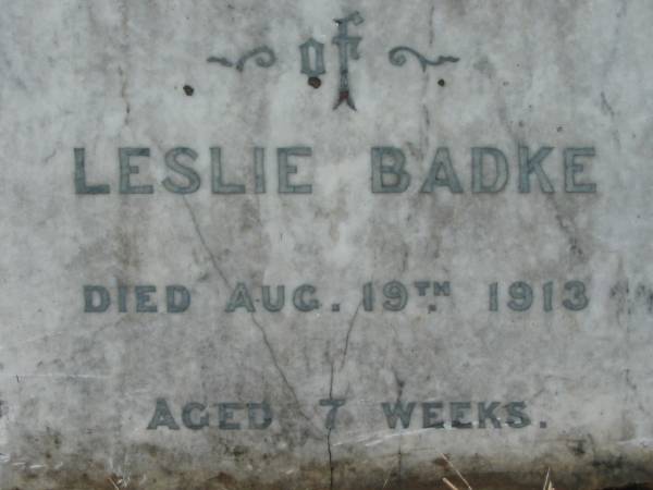 Leslie BADKE  | d: Aug 19 1913, aged 7 weeks  | Cecil  | 1 May 1916, aged 9 weeks  | St John's Lutheran Church Cemetery, Kalbar, Boonah Shire  |   | 