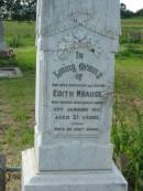 
Edith KRAUSE,
daughter sister,
died 29 Jan 1917 aged 21 years;
Engelsburg Methodist Pioneer Cemetery, Kalbar, Boonah Shire
