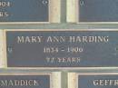 
Mary Ann HARDING,
1834 - 1906 aged 72 years;
Engelsburg Methodist Pioneer Cemetery, Kalbar, Boonah Shire

