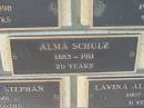 
Alma SCHULZ,
1885 - 1911 aged 26 years;
Engelsburg Methodist Pioneer Cemetery, Kalbar, Boonah Shire
