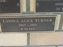 
Lavina Alice TURNER,
1907 - 1915 aged 8 years;
Engelsburg Methodist Pioneer Cemetery, Kalbar, Boonah Shire
