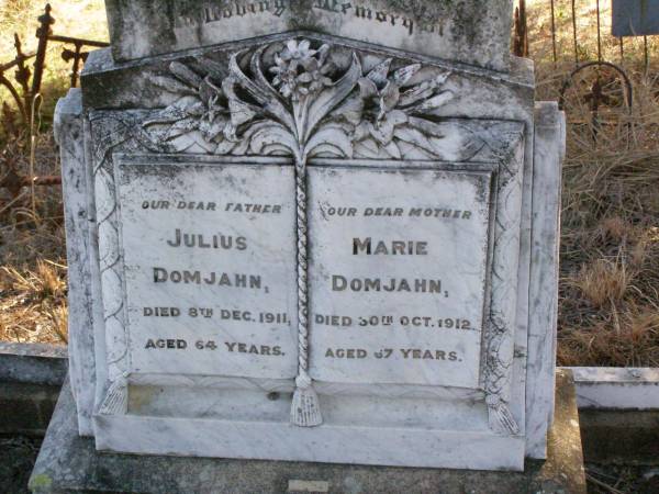 Julius DOMJAHN, father,  | died 8 Dec 1911 aged 64 years;  | Marie DOMJAHN, mother,  | died 30 Oct 1912 aged 67 years;  | Kalbar St Marks's Lutheran cemetery, Boonah Shire  | 