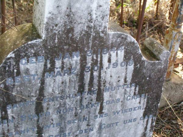 Ida Elizabeth JENSEN, mother,  | born 31 Jan 1844 died 30 March 1909;  | Reimer Jacob JENSEN,  | born 16 March 1844  | died 26 August 1923;  | Kalbar St Marks's Lutheran cemetery, Boonah Shire  | 