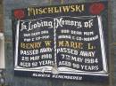 
Henry W. MISCHLIWSKI, dad pop gr-pop,
died 2 May 1980 aged 92 years;
Marie L. MISCHLIWSKI, mum nanna gr-ganna,
died 7 May 1984 aged 90 years;
Kandanga Cemetery, Cooloola Shire

