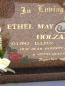 
Ethel May HOLZAPFEL,
21-1-1912 - 15-1-1979;
William Henry HOLZAPFEL,
27-1-1909 - 25-3-2003;
parents grandparents great-grandparents;
Kandanga Cemetery, Cooloola Shire
