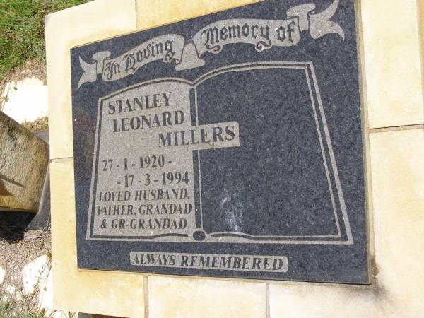 Stanley Leonard MILLERS,  | 27-1-1920 - 17-3-1994,  | husband father grandad great-grandad;  | Kandanga Cemetery, Cooloola Shire  | 