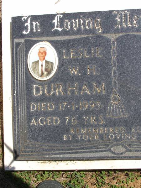 Leslie W.H. DURHAM,  | died 17-1-1995 aged 76 years;  | Kandanga Cemetery, Cooloola Shire  | 